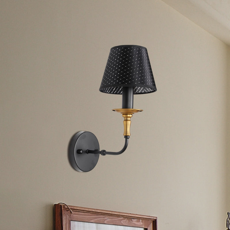 1 Head Tapered Wall Lamp with Hollow Design Industrial Style Black Fabric Sconce Lighting for Corridor Clearhalo 'Art deco wall lights' 'Cast Iron' 'Glass' 'Industrial wall lights' 'Industrial' 'Middle century wall lights' 'Modern' 'Rustic wall lights' 'Tiffany' 'Traditional wall lights' 'Wall Lamps & Sconces' 'Wall Lights' Lighting' 768835