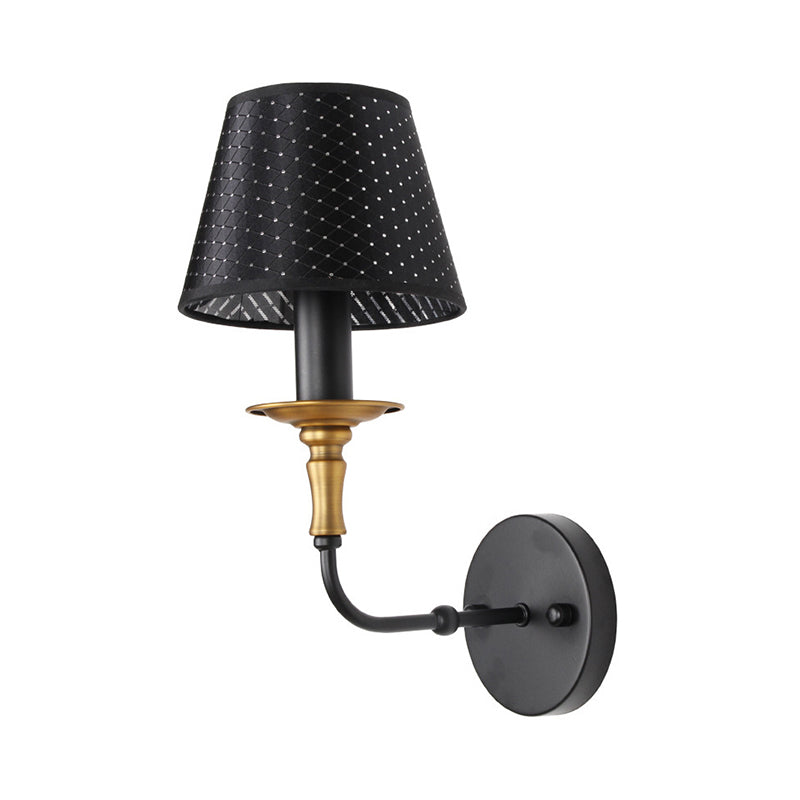 1 Head Tapered Wall Lamp with Hollow Design Industrial Style Black Fabric Sconce Lighting for Corridor Clearhalo 'Art deco wall lights' 'Cast Iron' 'Glass' 'Industrial wall lights' 'Industrial' 'Middle century wall lights' 'Modern' 'Rustic wall lights' 'Tiffany' 'Traditional wall lights' 'Wall Lamps & Sconces' 'Wall Lights' Lighting' 768837