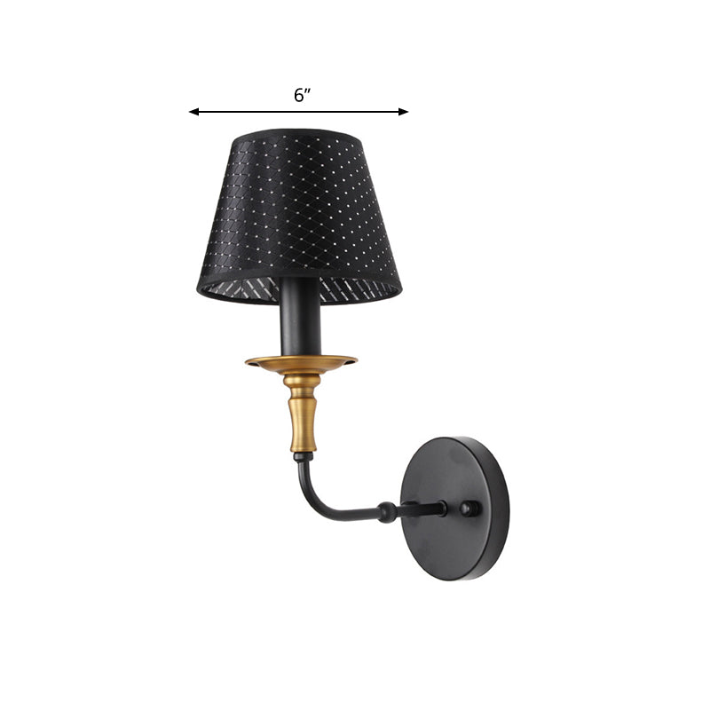 1 Head Tapered Wall Lamp with Hollow Design Industrial Style Black Fabric Sconce Lighting for Corridor Clearhalo 'Art deco wall lights' 'Cast Iron' 'Glass' 'Industrial wall lights' 'Industrial' 'Middle century wall lights' 'Modern' 'Rustic wall lights' 'Tiffany' 'Traditional wall lights' 'Wall Lamps & Sconces' 'Wall Lights' Lighting' 768838