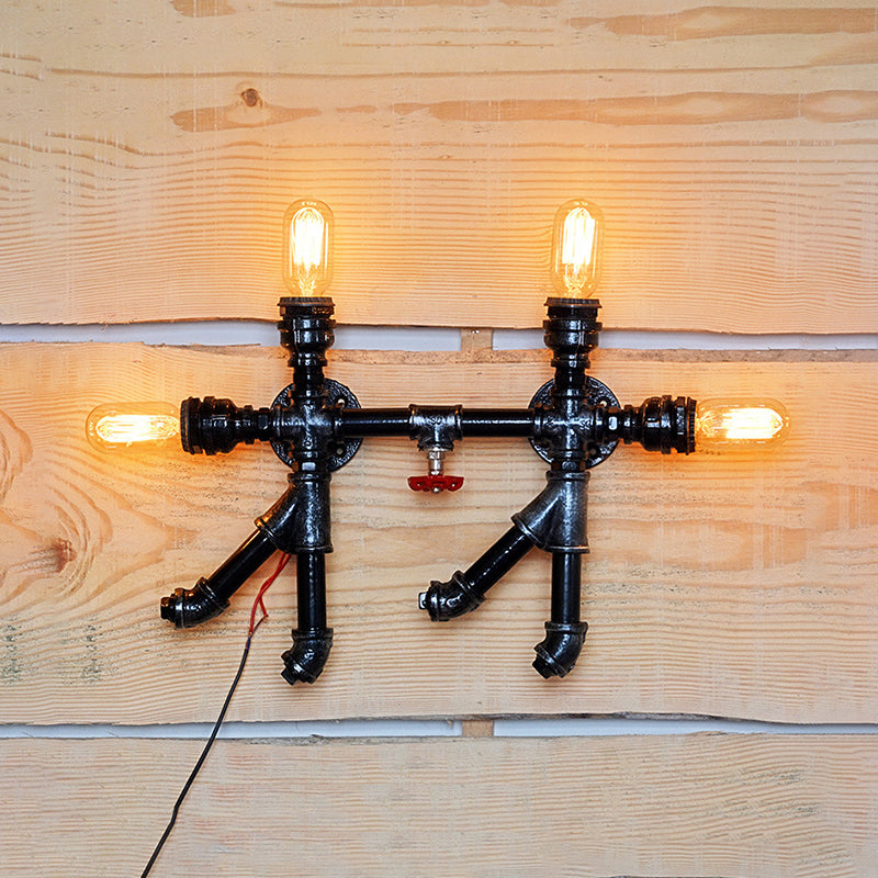 4 Bulbs Wall Sconce Lamp Industrial Style Water Pipe Wrought Iron Wall Lighting with Open Bulb in Black Black Clearhalo 'Art deco wall lights' 'Cast Iron' 'Glass' 'Industrial wall lights' 'Industrial' 'Middle century wall lights' 'Modern' 'Rustic wall lights' 'Tiffany' 'Traditional wall lights' 'Wall Lamps & Sconces' 'Wall Lights' Lighting' 768866