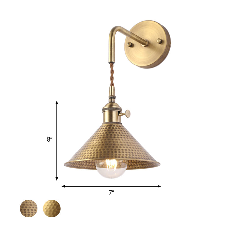 Hammered Cone Metal Wall Lamp Industrial 1 Head Living Room Sconce Light Fixture in Antique Brass/Brushed Brass Clearhalo 'Art deco wall lights' 'Cast Iron' 'Glass' 'Industrial wall lights' 'Industrial' 'Middle century wall lights' 'Modern' 'Rustic wall lights' 'Tiffany' 'Traditional wall lights' 'Wall Lamps & Sconces' 'Wall Lights' Lighting' 768880