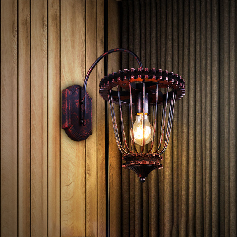 1 Head Wall Sconce Light Rustic Style Caged Wrought Iron Wall Mount Light with Gear Design in Weathered Copper Clearhalo 'Art deco wall lights' 'Cast Iron' 'Glass' 'Industrial wall lights' 'Industrial' 'Middle century wall lights' 'Modern' 'Rustic wall lights' 'Tiffany' 'Traditional wall lights' 'Wall Lamps & Sconces' 'Wall Lights' Lighting' 768896