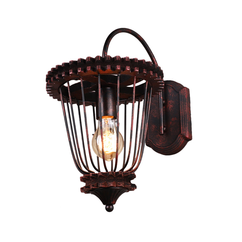 1 Head Wall Sconce Light Rustic Style Caged Wrought Iron Wall Mount Light with Gear Design in Weathered Copper Clearhalo 'Art deco wall lights' 'Cast Iron' 'Glass' 'Industrial wall lights' 'Industrial' 'Middle century wall lights' 'Modern' 'Rustic wall lights' 'Tiffany' 'Traditional wall lights' 'Wall Lamps & Sconces' 'Wall Lights' Lighting' 768898