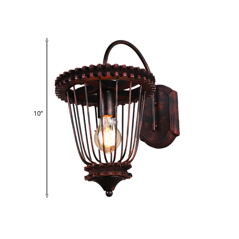 1 Head Wall Sconce Light Rustic Style Caged Wrought Iron Wall Mount Light with Gear Design in Weathered Copper Clearhalo 'Art deco wall lights' 'Cast Iron' 'Glass' 'Industrial wall lights' 'Industrial' 'Middle century wall lights' 'Modern' 'Rustic wall lights' 'Tiffany' 'Traditional wall lights' 'Wall Lamps & Sconces' 'Wall Lights' Lighting' 768899