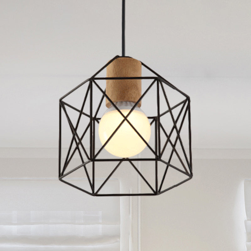 Retro Industrial Hexagon/Star Hanging Fixture 1 Head Metal and Wood Ceiling Lighting with Cage Shade in Black Black Hexagon Clearhalo 'Art Deco Pendants' 'Black' 'Cast Iron' 'Ceiling Lights' 'Ceramic' 'Crystal' 'Industrial Pendants' 'Industrial' 'Metal' 'Middle Century Pendants' 'Pendant Lights' 'Pendants' 'Rustic Pendants' 'Tiffany' Lighting' 768910