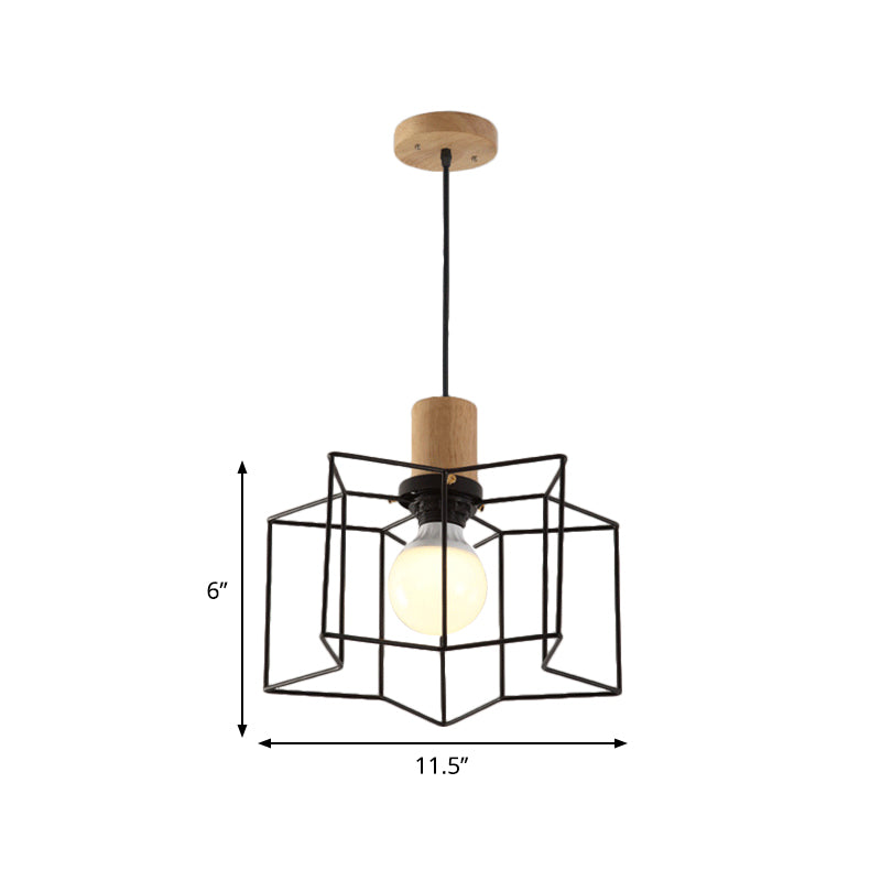 Retro Industrial Hexagon/Star Hanging Fixture 1 Head Metal and Wood Ceiling Lighting with Cage Shade in Black Clearhalo 'Art Deco Pendants' 'Black' 'Cast Iron' 'Ceiling Lights' 'Ceramic' 'Crystal' 'Industrial Pendants' 'Industrial' 'Metal' 'Middle Century Pendants' 'Pendant Lights' 'Pendants' 'Rustic Pendants' 'Tiffany' Lighting' 768919