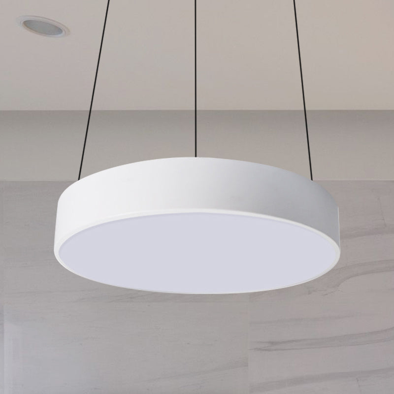 12"/18"/23.5" Wide Metal Drum Pendant Lighting Contemporary Led White/Black Ceiling Lamp in White/Warm Light Clearhalo 'Ceiling Lights' 'Modern Pendants' 'Modern' 'Pendant Lights' 'Pendants' Lighting' 769036