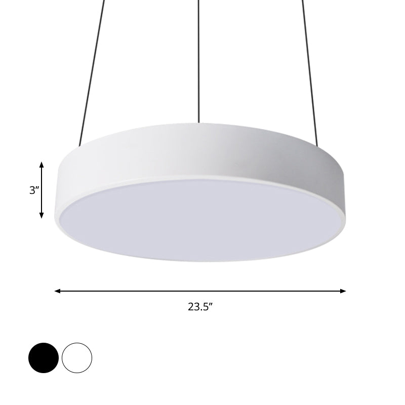 12"/18"/23.5" Wide Metal Drum Pendant Lighting Contemporary Led White/Black Ceiling Lamp in White/Warm Light Clearhalo 'Ceiling Lights' 'Modern Pendants' 'Modern' 'Pendant Lights' 'Pendants' Lighting' 769038