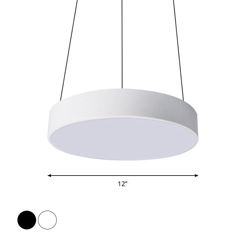 12"/18"/23.5" Wide Metal Drum Pendant Lighting Contemporary Led White/Black Ceiling Lamp in White/Warm Light Clearhalo 'Ceiling Lights' 'Modern Pendants' 'Modern' 'Pendant Lights' 'Pendants' Lighting' 769040