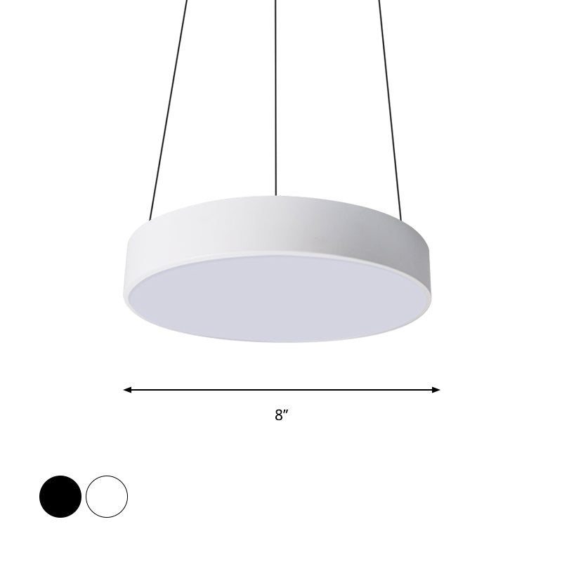 12"/18"/23.5" Wide Metal Drum Pendant Lighting Contemporary Led White/Black Ceiling Lamp in White/Warm Light Clearhalo 'Ceiling Lights' 'Modern Pendants' 'Modern' 'Pendant Lights' 'Pendants' Lighting' 769041