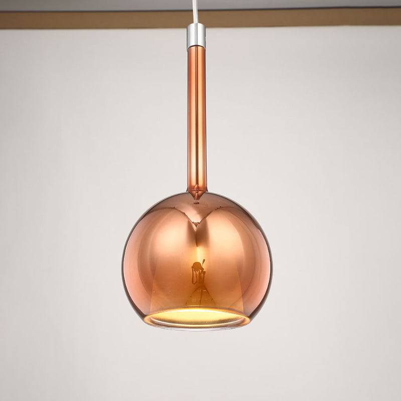 Smoky/Amber/Rose Gold Glass Spherical Suspension Pendant Contemporary 1 Light Black/Nickle/Chrome Led Hanging Light Fixture Rose Gold Clearhalo 'Ceiling Lights' 'Glass shade' 'Glass' 'Modern Pendants' 'Modern' 'Pendant Lights' 'Pendants' Lighting' 769068