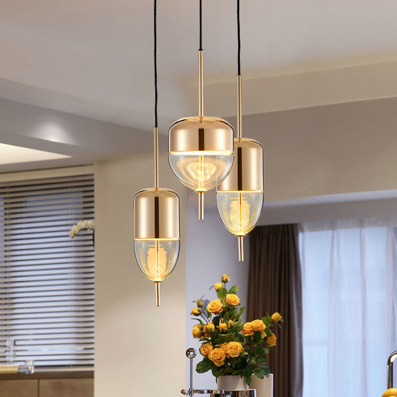 Ellipsoidal/Cone/Long Cone Pendant Lighting Clear Glass Led Post-Modernist Gold/Blue Hanging Light Kit in White/Warm Light Clearhalo 'Ceiling Lights' 'Glass shade' 'Glass' 'Modern Pendants' 'Modern' 'Pendant Lights' 'Pendants' Lighting' 769097