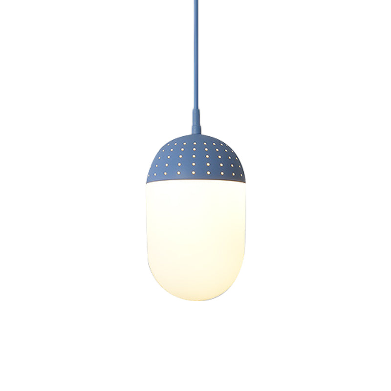 Globe/Ellipse Suspension Light with Opal White Glass Shade Metal Nordic 1 Light Black/White/Pink Hanging Pendant Light for Bedroom Blue C Clearhalo 'Ceiling Lights' 'Modern Pendants' 'Modern' 'Pendant Lights' 'Pendants' Lighting' 769215