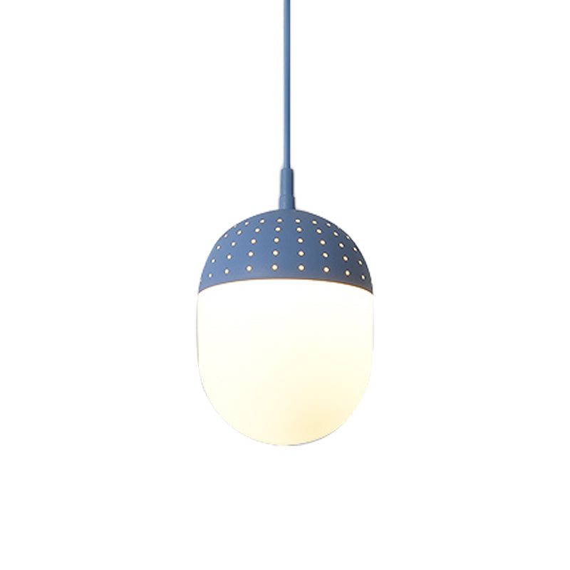 Globe/Ellipse Suspension Light with Opal White Glass Shade Metal Nordic 1 Light Black/White/Pink Hanging Pendant Light for Bedroom Blue B Clearhalo 'Ceiling Lights' 'Modern Pendants' 'Modern' 'Pendant Lights' 'Pendants' Lighting' 769219