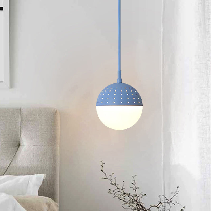 Globe/Ellipse Suspension Light with Opal White Glass Shade Metal Nordic 1 Light Black/White/Pink Hanging Pendant Light for Bedroom Blue A Clearhalo 'Ceiling Lights' 'Modern Pendants' 'Modern' 'Pendant Lights' 'Pendants' Lighting' 769222