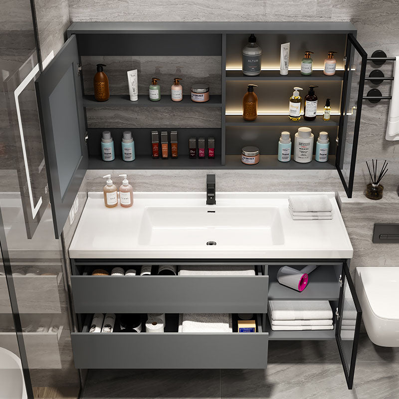 Modern Metal Grey Wall Mount Bathroom Sink Vanity with Mirror Clearhalo 'Bathroom Remodel & Bathroom Fixtures' 'Bathroom Vanities' 'bathroom_vanities' 'Home Improvement' 'home_improvement' 'home_improvement_bathroom_vanities' 7692282