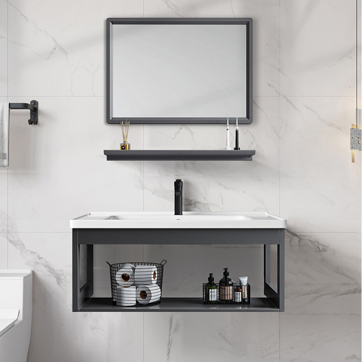 Single Modern Bath Vanity Wall Mount Metal Base Rectangular Bathroom Vanity Clearhalo 'Bathroom Remodel & Bathroom Fixtures' 'Bathroom Vanities' 'bathroom_vanities' 'Home Improvement' 'home_improvement' 'home_improvement_bathroom_vanities' 7692318