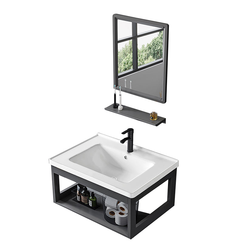 Single Modern Bath Vanity Wall Mount Metal Base Rectangular Bathroom Vanity Vanity & Faucet & Mirrors 24"L x 16"W x 15"H Ceramic Clearhalo 'Bathroom Remodel & Bathroom Fixtures' 'Bathroom Vanities' 'bathroom_vanities' 'Home Improvement' 'home_improvement' 'home_improvement_bathroom_vanities' 7692322