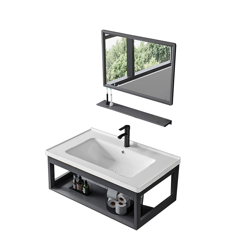 Single Modern Bath Vanity Wall Mount Metal Base Rectangular Bathroom Vanity Vanity & Faucet & Mirrors 32"L x 16"W x 15"H Ceramic Clearhalo 'Bathroom Remodel & Bathroom Fixtures' 'Bathroom Vanities' 'bathroom_vanities' 'Home Improvement' 'home_improvement' 'home_improvement_bathroom_vanities' 7692327