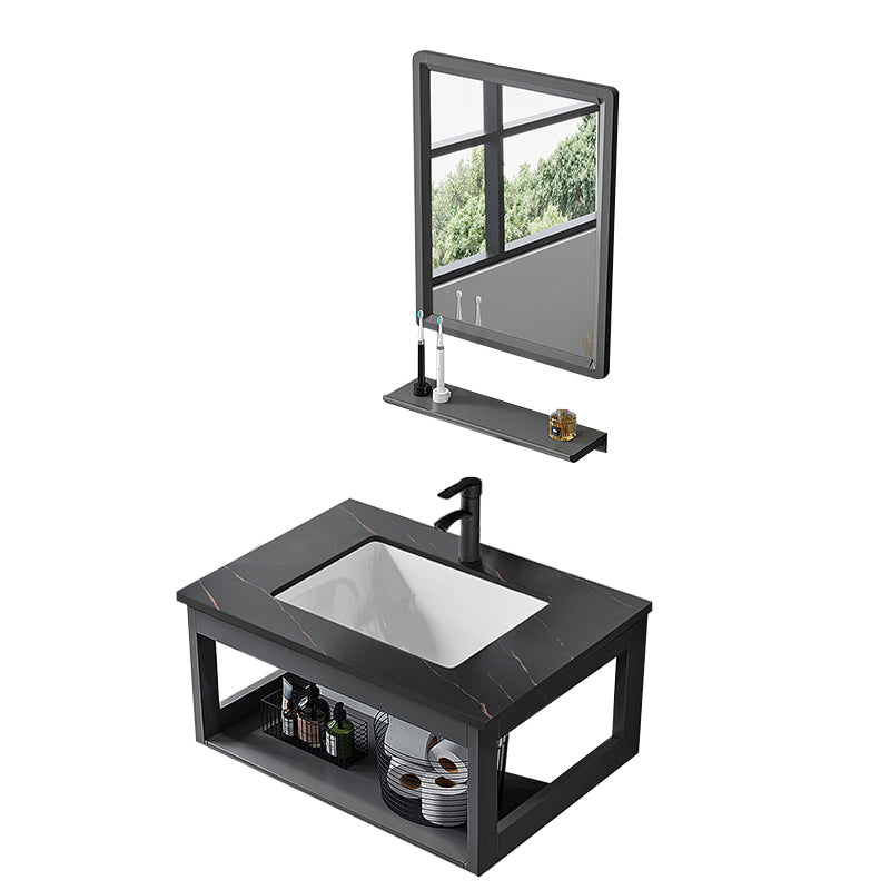 Single Modern Bath Vanity Wall Mount Metal Base Rectangular Bathroom Vanity Vanity & Faucet & Mirrors 28"L x 16"W x 15"H Stone Clearhalo 'Bathroom Remodel & Bathroom Fixtures' 'Bathroom Vanities' 'bathroom_vanities' 'Home Improvement' 'home_improvement' 'home_improvement_bathroom_vanities' 7692329