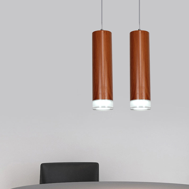 11"/19"/27" H Cylinder Hanging Light Kit with Wood Grain Shade Minimal Metal Single Head Brown Hallway LED Ceiling Pendant Light in Warm/White Clearhalo 'Ceiling Lights' 'Modern Pendants' 'Modern' 'Pendant Lights' 'Pendants' Lighting' 769248