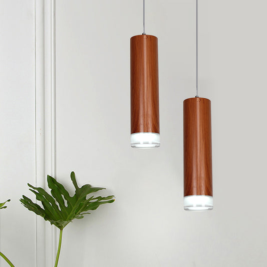 11"/19"/27" H Cylinder Hanging Light Kit with Wood Grain Shade Minimal Metal Single Head Brown Hallway LED Ceiling Pendant Light in Warm/White Clearhalo 'Ceiling Lights' 'Modern Pendants' 'Modern' 'Pendant Lights' 'Pendants' Lighting' 769249