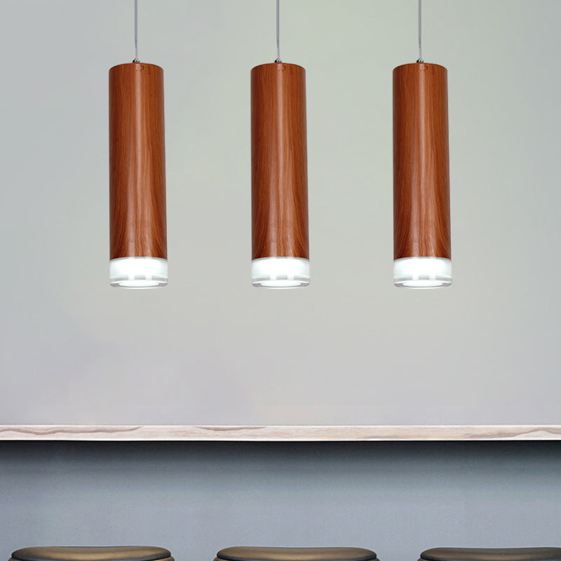 11"/19"/27" H Cylinder Hanging Light Kit with Wood Grain Shade Minimal Metal Single Head Brown Hallway LED Ceiling Pendant Light in Warm/White Clearhalo 'Ceiling Lights' 'Modern Pendants' 'Modern' 'Pendant Lights' 'Pendants' Lighting' 769250