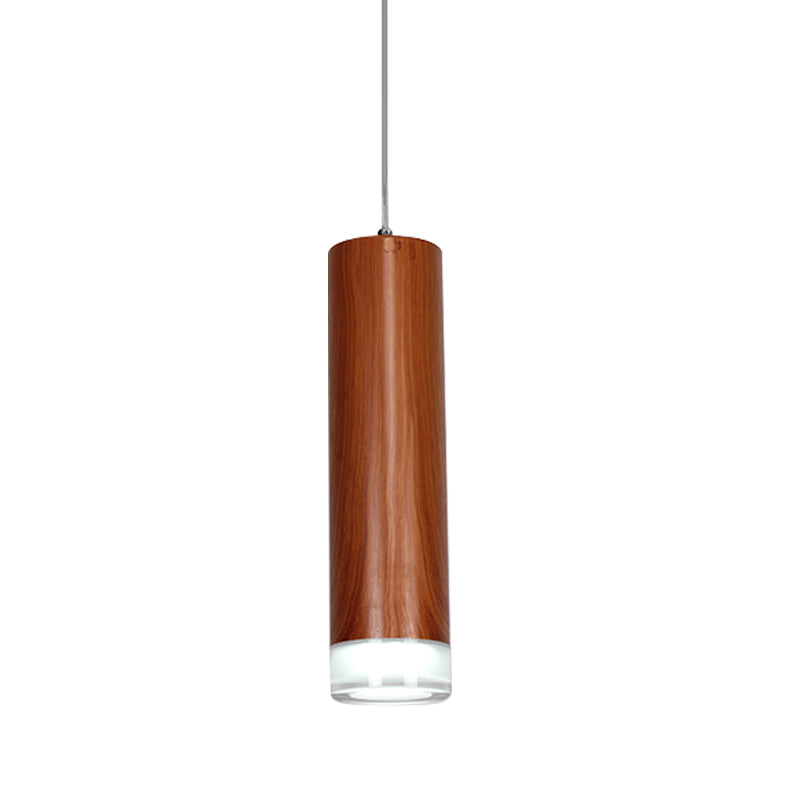 11"/19"/27" H Cylinder Hanging Light Kit with Wood Grain Shade Minimal Metal Single Head Brown Hallway LED Ceiling Pendant Light in Warm/White Brown Clearhalo 'Ceiling Lights' 'Modern Pendants' 'Modern' 'Pendant Lights' 'Pendants' Lighting' 769251