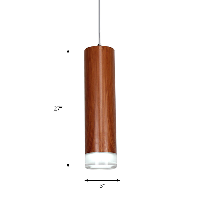 11"/19"/27" H Cylinder Hanging Light Kit with Wood Grain Shade Minimal Metal Single Head Brown Hallway LED Ceiling Pendant Light in Warm/White Clearhalo 'Ceiling Lights' 'Modern Pendants' 'Modern' 'Pendant Lights' 'Pendants' Lighting' 769252