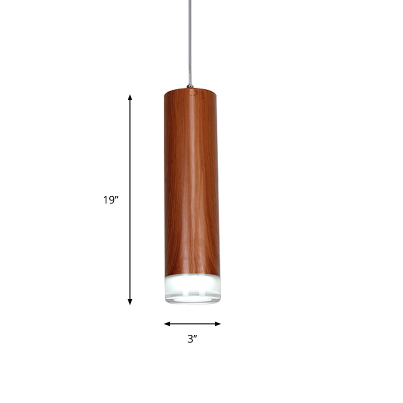 11"/19"/27" H Cylinder Hanging Light Kit with Wood Grain Shade Minimal Metal Single Head Brown Hallway LED Ceiling Pendant Light in Warm/White Clearhalo 'Ceiling Lights' 'Modern Pendants' 'Modern' 'Pendant Lights' 'Pendants' Lighting' 769253