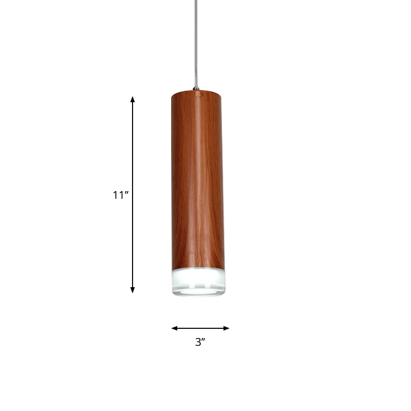 11"/19"/27" H Cylinder Hanging Light Kit with Wood Grain Shade Minimal Metal Single Head Brown Hallway LED Ceiling Pendant Light in Warm/White Clearhalo 'Ceiling Lights' 'Modern Pendants' 'Modern' 'Pendant Lights' 'Pendants' Lighting' 769254