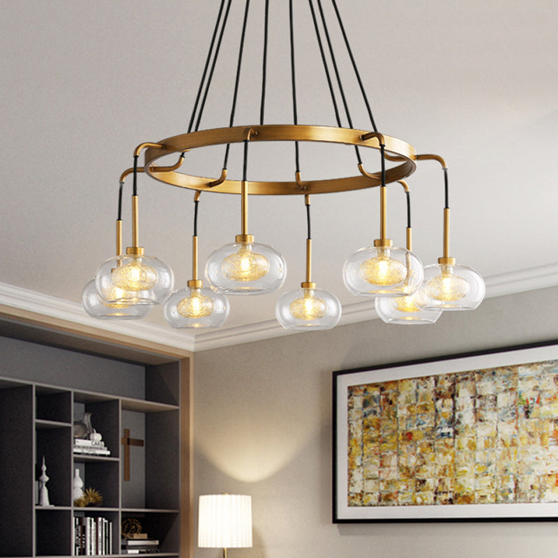 Oval Island Chandelier Lighting Post-Modern Clear Glass 6/8 Lights Gold Led Hanging Lamp with Round/Linear Canopy 8 Gold Round Clearhalo 'Ceiling Lights' 'Island Lights' Lighting' 769309