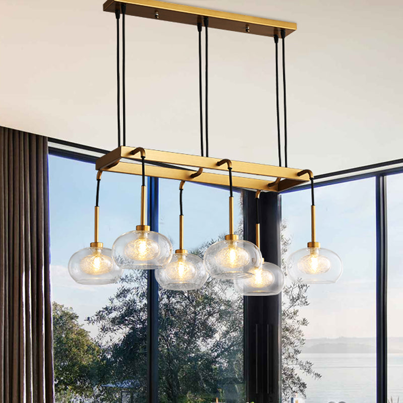 Oval Island Chandelier Lighting Post-Modern Clear Glass 6/8 Lights Gold Led Hanging Lamp with Round/Linear Canopy 6 Gold Linear Clearhalo 'Ceiling Lights' 'Island Lights' Lighting' 769319