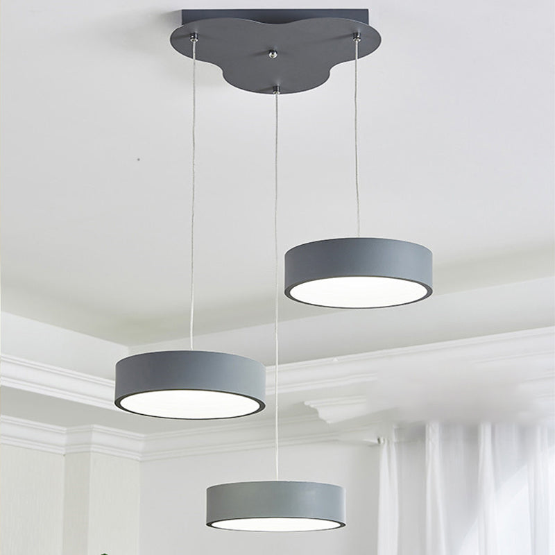 Gray Drum Multi Light Pendant Simplicity LED Metal Pendant Lighting with Round/Linear Canopy Grey Round Clearhalo 'Ceiling Lights' 'Modern Pendants' 'Modern' 'Pendant Lights' 'Pendants' Lighting' 769419