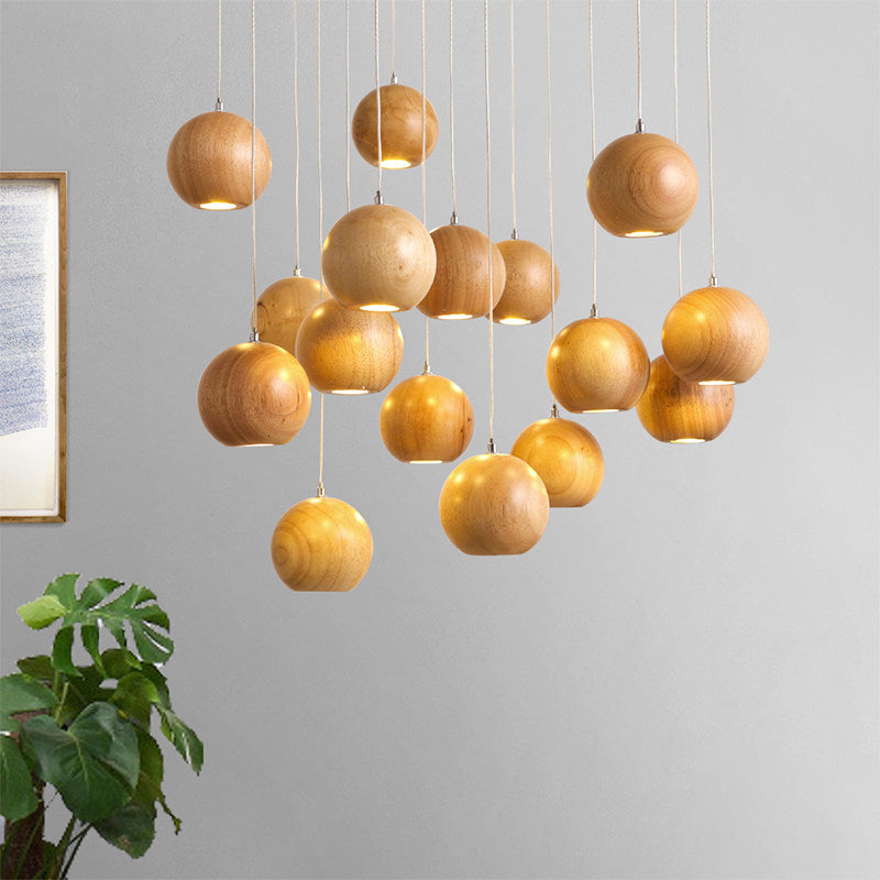 Ball LED Cluster Pendant Light Modern Wooden 1/7/10/16-Head Living Room Ceiling Light Fixture Kit Clearhalo 'Ceiling Lights' 'Pendant Lights' 'Pendants' Lighting' 769424