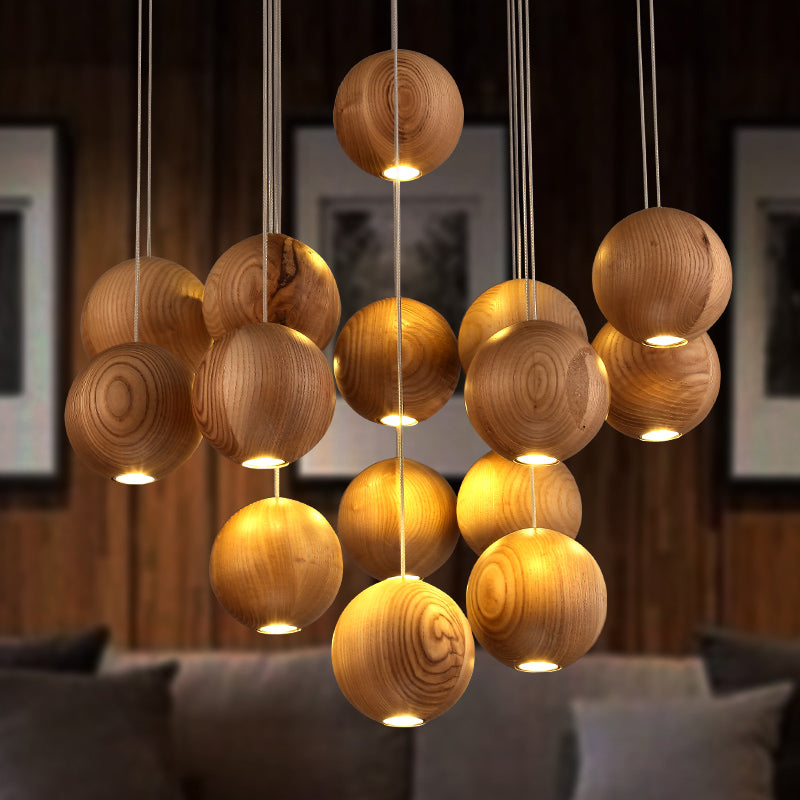 Ball LED Cluster Pendant Light Modern Wooden 1/7/10/16-Head Living Room Ceiling Light Fixture Kit Clearhalo 'Ceiling Lights' 'Pendant Lights' 'Pendants' Lighting' 769425