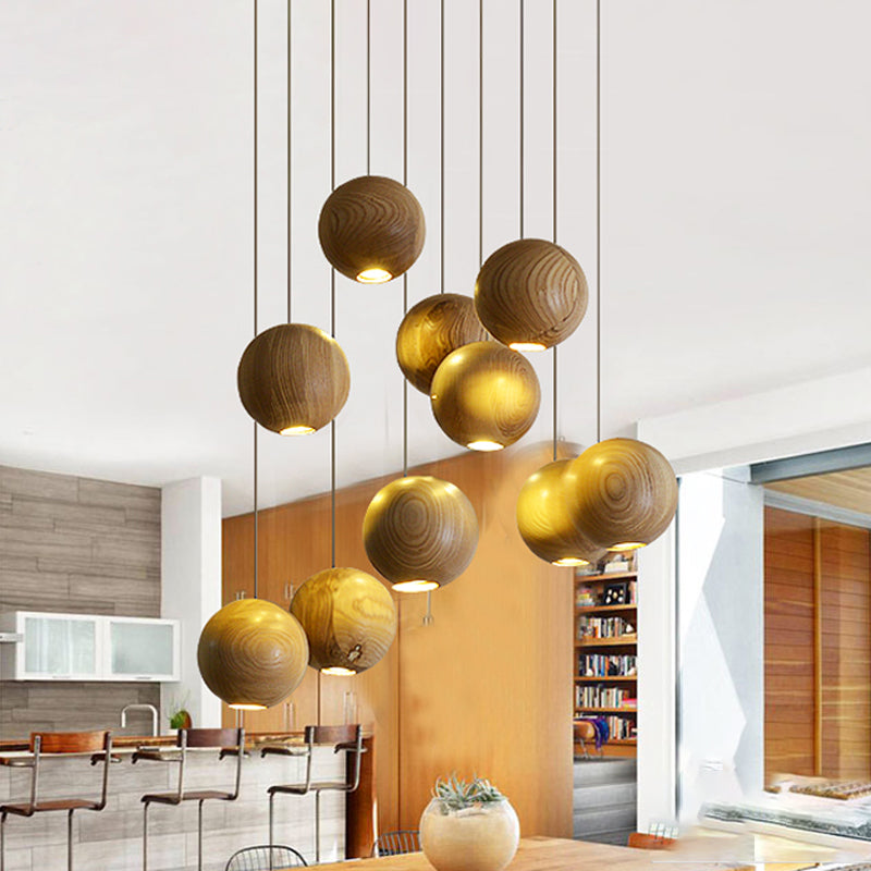 Ball LED Cluster Pendant Light Modern Wooden 1/7/10/16-Head Living Room Ceiling Light Fixture Kit Clearhalo 'Ceiling Lights' 'Pendant Lights' 'Pendants' Lighting' 769429