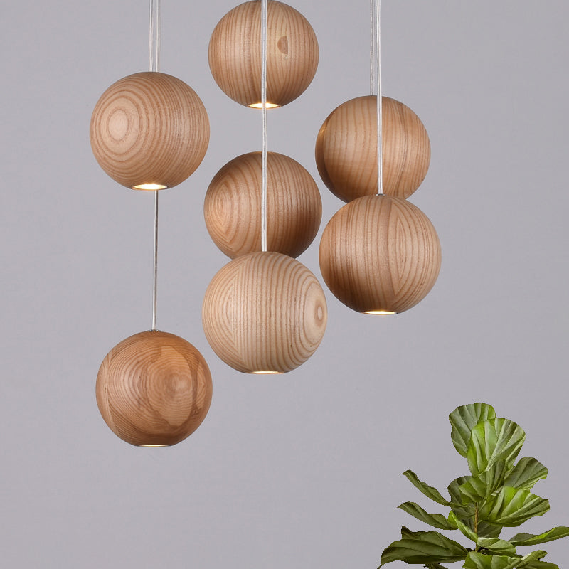 Ball LED Cluster Pendant Light Modern Wooden 1/7/10/16-Head Living Room Ceiling Light Fixture Kit 7 Wood Clearhalo 'Ceiling Lights' 'Pendant Lights' 'Pendants' Lighting' 769434_a27c36d4-570c-4979-a52e-bb4d18ddc72f