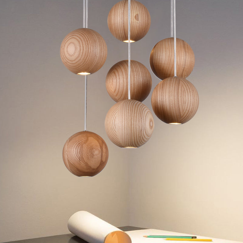 Ball LED Cluster Pendant Light Modern Wooden 1/7/10/16-Head Living Room Ceiling Light Fixture Kit Clearhalo 'Ceiling Lights' 'Pendant Lights' 'Pendants' Lighting' 769435