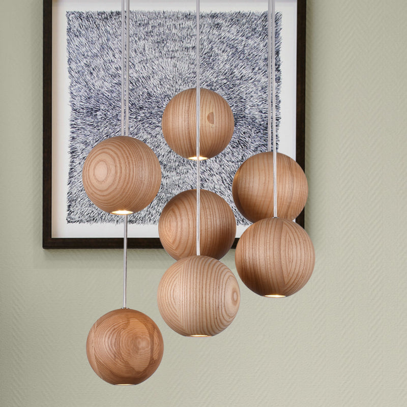 Ball LED Cluster Pendant Light Modern Wooden 1/7/10/16-Head Living Room Ceiling Light Fixture Kit Clearhalo 'Ceiling Lights' 'Pendant Lights' 'Pendants' Lighting' 769436