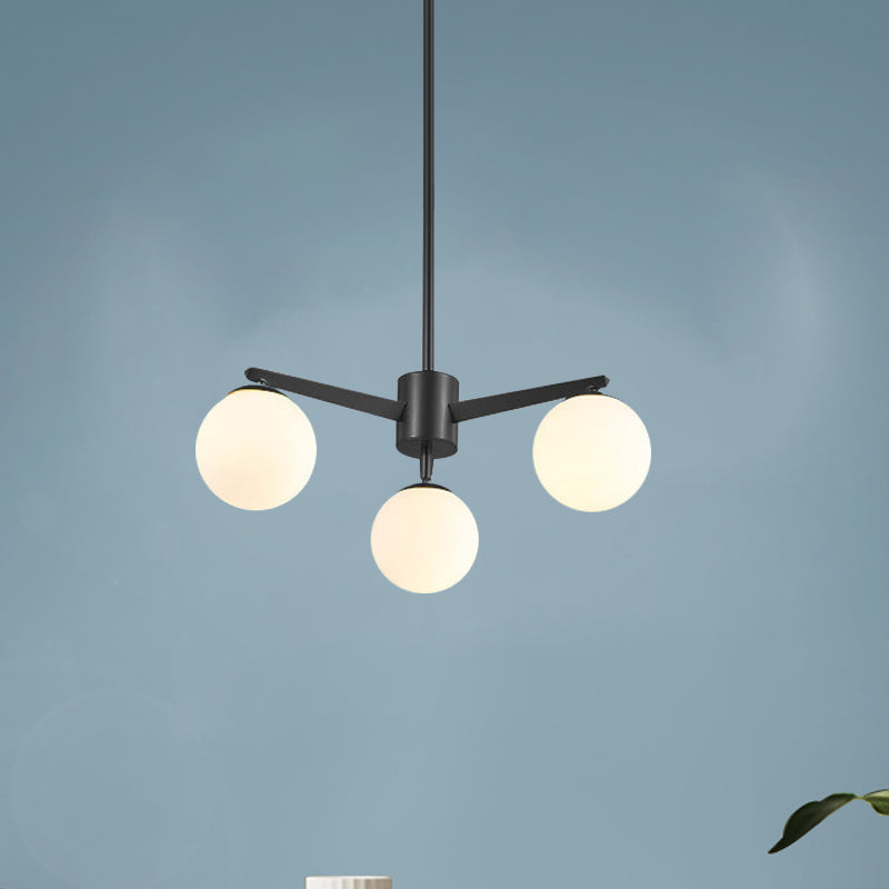 Ball Chandelier Simple Style Opal Glass 3 Lights White/Black Hanging Lamp for Living Room Clearhalo 'Ceiling Lights' 'Chandeliers' 'Modern Chandeliers' 'Modern' Lighting' 769540