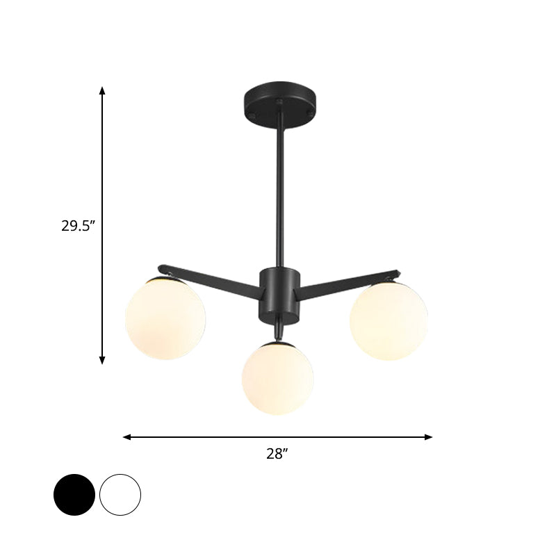 Ball Chandelier Simple Style Opal Glass 3 Lights White/Black Hanging Lamp for Living Room Clearhalo 'Ceiling Lights' 'Chandeliers' 'Modern Chandeliers' 'Modern' Lighting' 769543