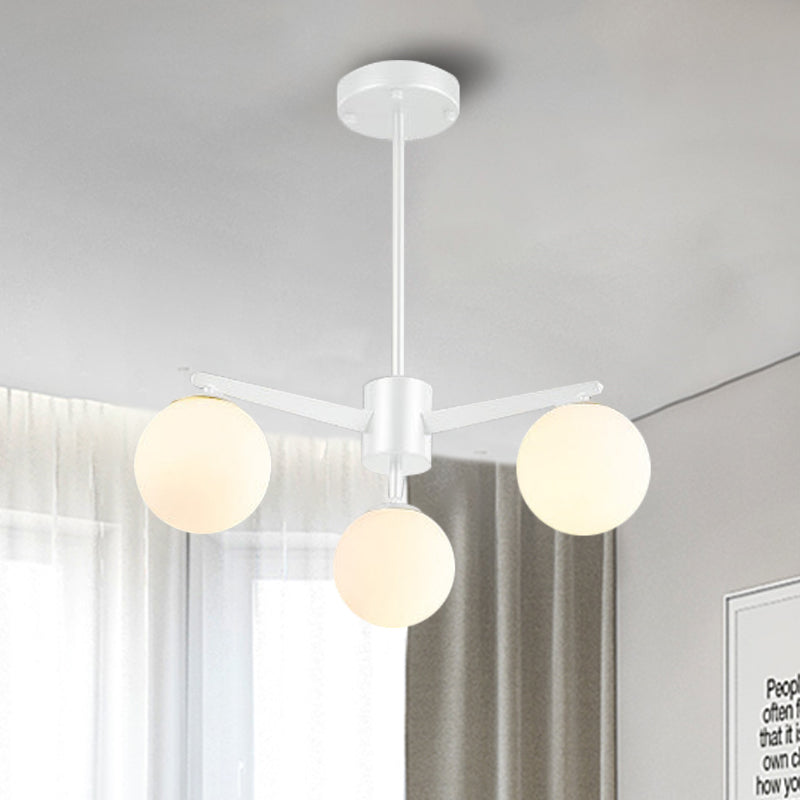 Ball Chandelier Simple Style Opal Glass 3 Lights White/Black Hanging Lamp for Living Room White Clearhalo 'Ceiling Lights' 'Chandeliers' 'Modern Chandeliers' 'Modern' Lighting' 769544