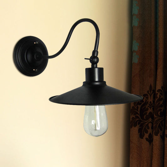 Black Flared Wall Mount Light with Metal Shade and Gooseneck Industrial 1 Light Wall Sconce Black 1.0 Clearhalo 'Art deco wall lights' 'Cast Iron' 'Glass' 'Industrial wall lights' 'Industrial' 'Middle century wall lights' 'Modern' 'Rustic wall lights' 'Tiffany' 'Traditional wall lights' 'Wall Lamps & Sconces' 'Wall Lights' Lighting' 769553