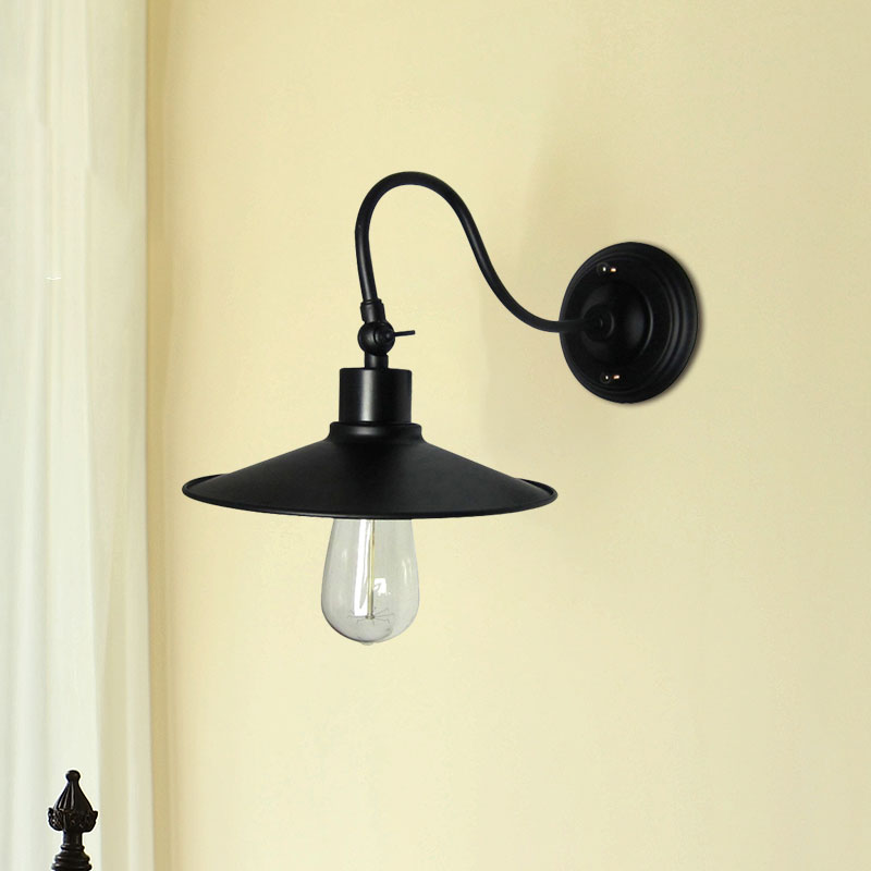 Black Flared Wall Mount Light with Metal Shade and Gooseneck Industrial 1 Light Wall Sconce Clearhalo 'Art deco wall lights' 'Cast Iron' 'Glass' 'Industrial wall lights' 'Industrial' 'Middle century wall lights' 'Modern' 'Rustic wall lights' 'Tiffany' 'Traditional wall lights' 'Wall Lamps & Sconces' 'Wall Lights' Lighting' 769554