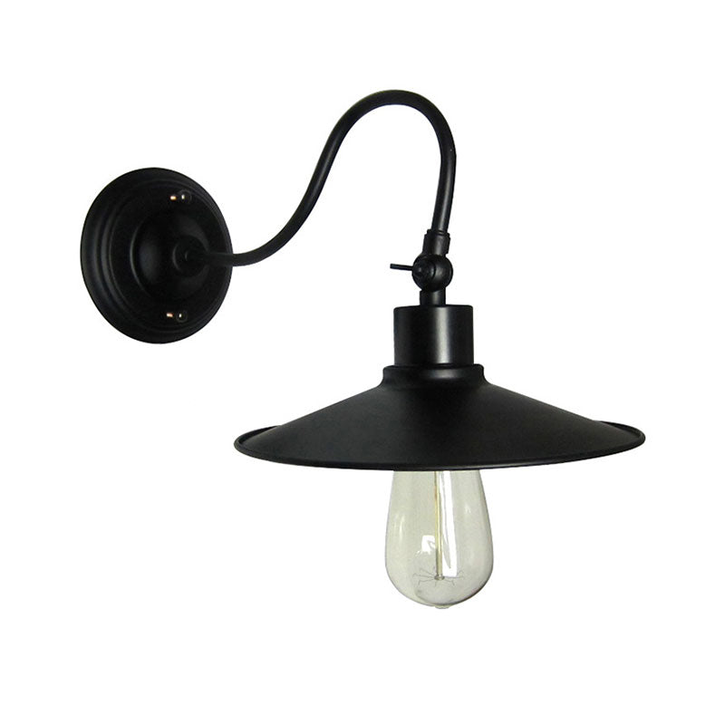 Black Flared Wall Mount Light with Metal Shade and Gooseneck Industrial 1 Light Wall Sconce Clearhalo 'Art deco wall lights' 'Cast Iron' 'Glass' 'Industrial wall lights' 'Industrial' 'Middle century wall lights' 'Modern' 'Rustic wall lights' 'Tiffany' 'Traditional wall lights' 'Wall Lamps & Sconces' 'Wall Lights' Lighting' 769556