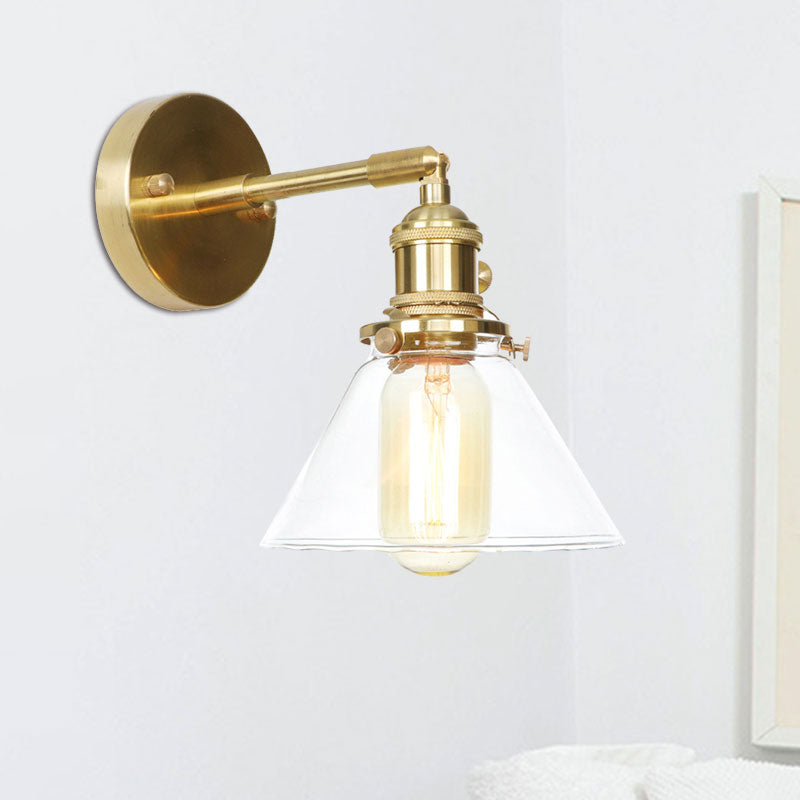 Conical Wall Sconce Light 1 Light Clear Glass Rustic Antique Wall Lighting for Bedroom Clearhalo 'Cast Iron' 'Glass' 'Industrial wall lights' 'Industrial' 'Middle century wall lights' 'Modern' 'Tiffany' 'Traditional wall lights' 'Wall Lamps & Sconces' 'Wall Lights' Lighting' 769579