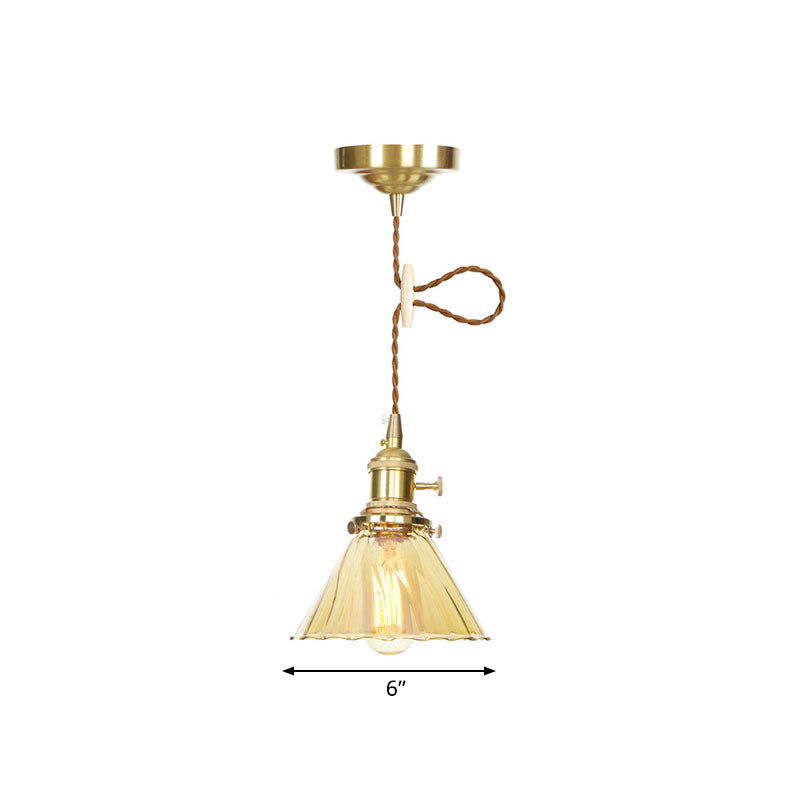 Retro Style Flared Pendant Lamp Amber Ruffle Glass 1 Light Hanging Ceiling Light for Kitchen Clearhalo 'Ceiling Lights' 'Glass shade' 'Glass' 'Industrial Pendants' 'Industrial' 'Middle Century Pendants' 'Pendant Lights' 'Pendants' 'Tiffany' Lighting' 769629