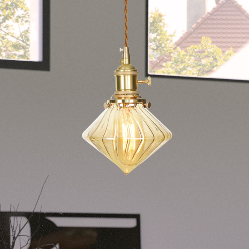 Vintage Gem Hanging Light Amber Ribbed Glass Adjustable Single Light Ceiling Hanging Light Clearhalo 'Ceiling Lights' 'Glass shade' 'Glass' 'Industrial Pendants' 'Industrial' 'Middle Century Pendants' 'Pendant Lights' 'Pendants' 'Tiffany' Lighting' 769650