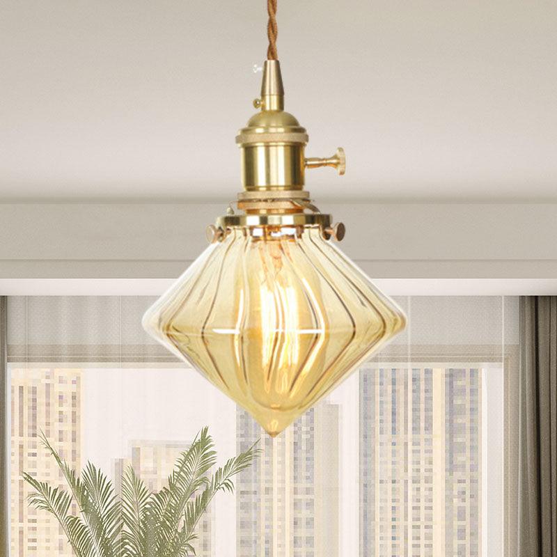 Vintage Gem Hanging Light Amber Ribbed Glass Adjustable Single Light Ceiling Hanging Light Clearhalo 'Ceiling Lights' 'Glass shade' 'Glass' 'Industrial Pendants' 'Industrial' 'Middle Century Pendants' 'Pendant Lights' 'Pendants' 'Tiffany' Lighting' 769651